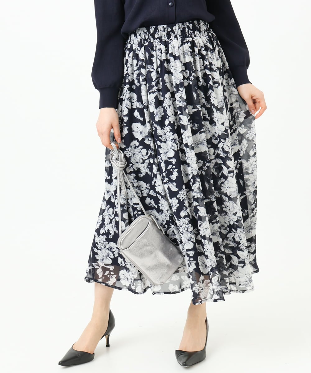 F1HGD03140 MK MICHEL KLEIN(小さいサイズ)(メゾン ドゥ サンク) 【小さいサイズ】花柄シフォンスカート/丈の長さが選べる/洗濯機で洗える/セットアップ対応 ブルー