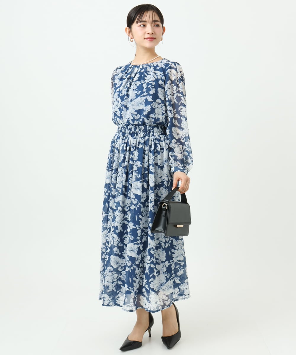 F1HGD03140 MK MICHEL KLEIN(小さいサイズ)(メゾン ドゥ サンク) 【小さいサイズ】花柄シフォンスカート/丈の長さが選べる/洗濯機で洗える/セットアップ対応 ブルー