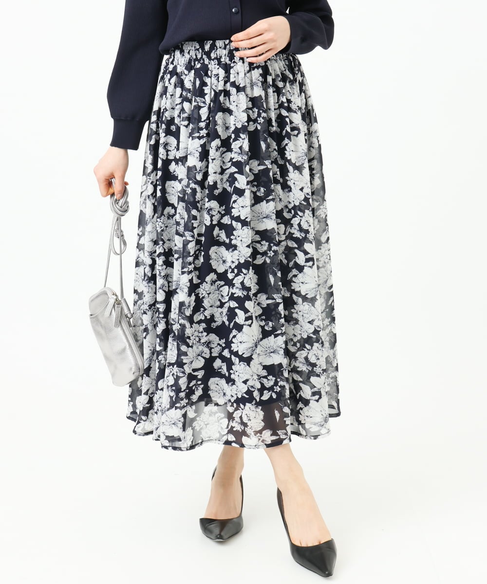 F1HGD03140 MK MICHEL KLEIN(小さいサイズ)(メゾン ドゥ サンク) 【小さいサイズ】花柄シフォンスカート/丈の長さが選べる/洗濯機で洗える/セットアップ対応 ブルー