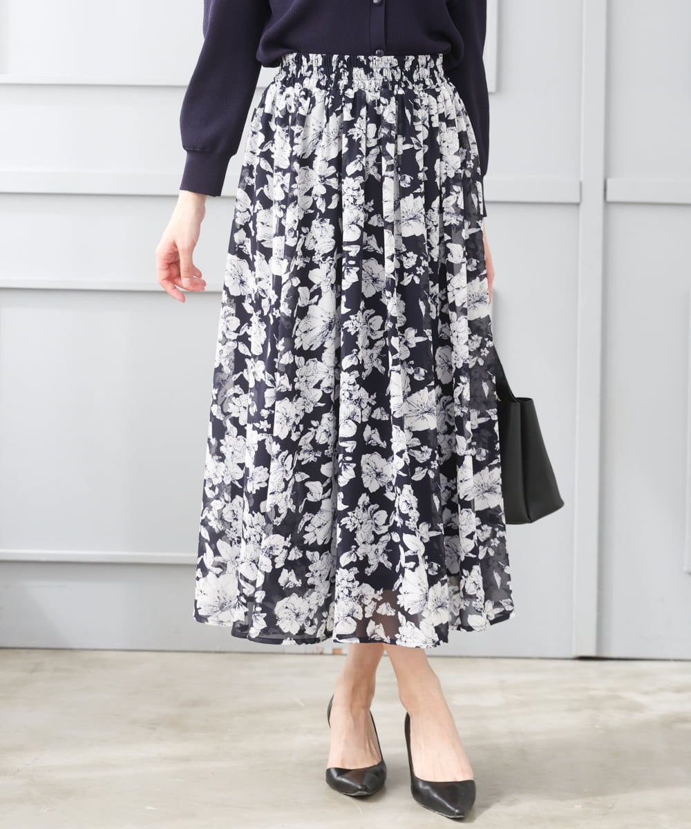 F1HGD03140 MK MICHEL KLEIN(小さいサイズ)(メゾン ドゥ サンク) 【小さいサイズ】花柄シフォンスカート/丈の長さが選べる/洗濯機で洗える/セットアップ対応 ブルー