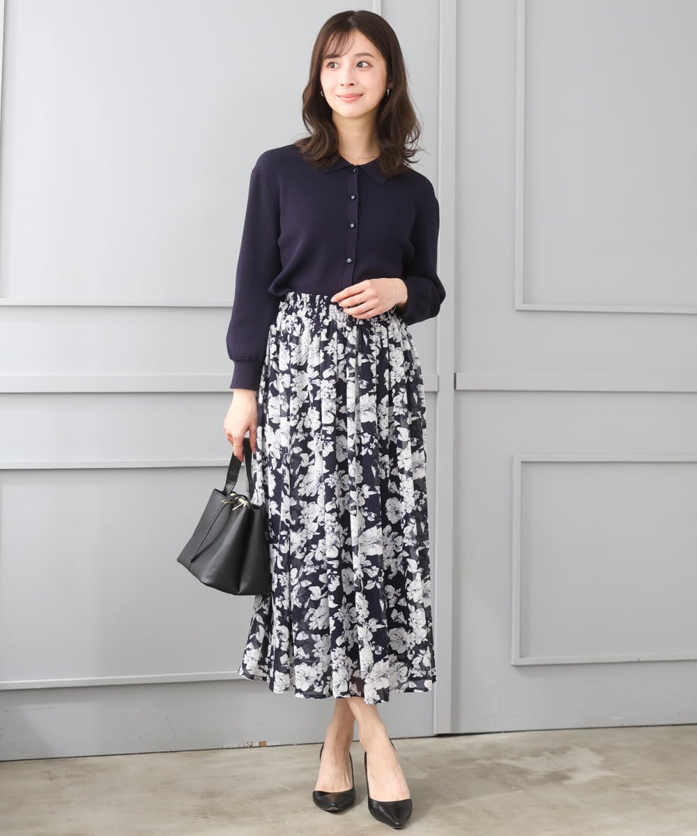 F1HGD03140 MK MICHEL KLEIN(小さいサイズ)(メゾン ドゥ サンク) 【小さいサイズ】花柄シフォンスカート/丈の長さが選べる/洗濯機で洗える/セットアップ対応 ブルー