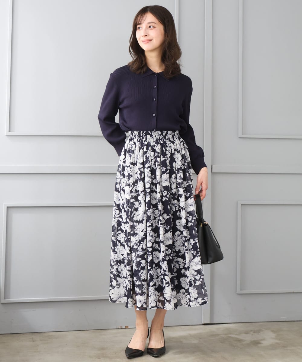 F1HGD03140 MK MICHEL KLEIN(小さいサイズ)(メゾン ドゥ サンク) 【小さいサイズ】花柄シフォンスカート/丈の長さが選べる/洗濯機で洗える/セットアップ対応 ブルー