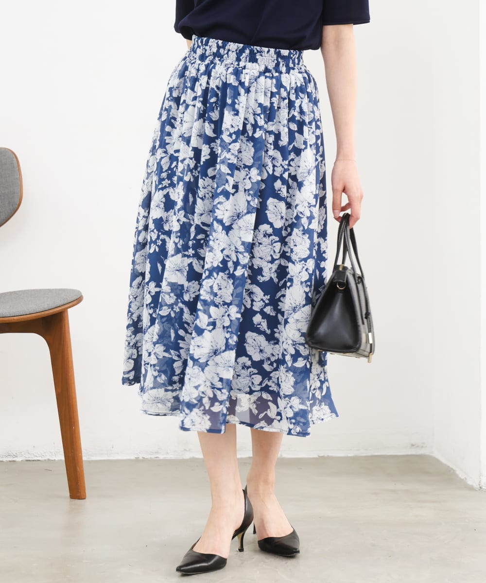 F1HGD03140 MK MICHEL KLEIN(小さいサイズ)(メゾン ドゥ サンク) 【小さいサイズ】花柄シフォンスカート/丈の長さが選べる/洗濯機で洗える/セットアップ対応 ブルー