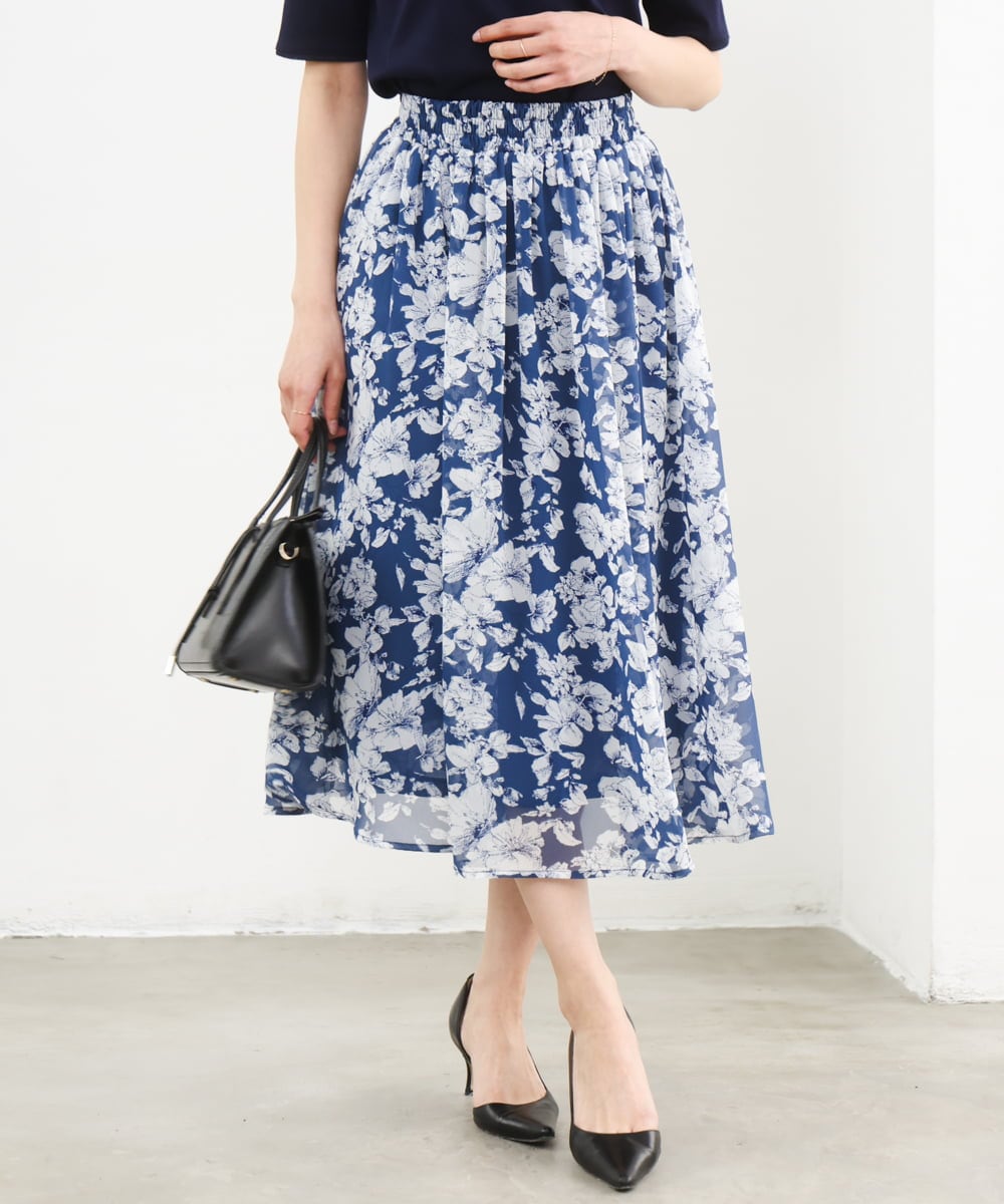 F1HGD03140 MK MICHEL KLEIN(小さいサイズ)(メゾン ドゥ サンク) 【小さいサイズ】花柄シフォンスカート/丈の長さが選べる/洗濯機で洗える/セットアップ対応 ブルー