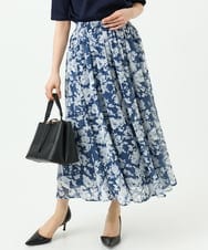 F1HGD03140 MK MICHEL KLEIN(小さいサイズ)(メゾン ドゥ サンク) 【小さいサイズ】花柄シフォンスカート/丈の長さが選べる/洗濯機で洗える/セットアップ対応 ブルー
