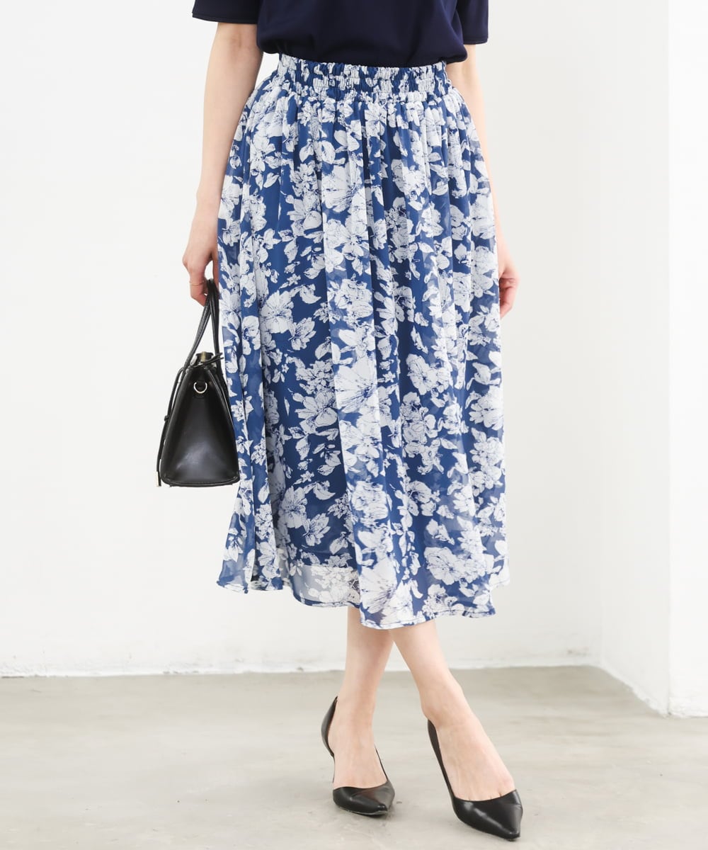 F1HGD03140 MK MICHEL KLEIN(小さいサイズ)(メゾン ドゥ サンク) 【小さいサイズ】花柄シフォンスカート/丈の長さが選べる/洗濯機で洗える/セットアップ対応 ブルー