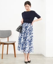 F1HGD03140 MK MICHEL KLEIN(小さいサイズ)(メゾン ドゥ サンク) 【小さいサイズ】花柄シフォンスカート/丈の長さが選べる/洗濯機で洗える/セットアップ対応 ブルー