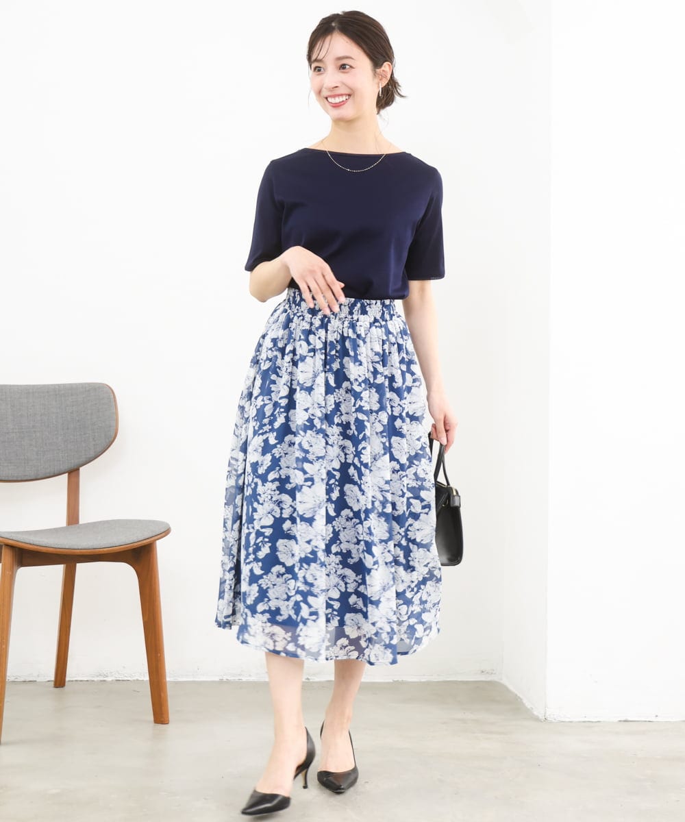 F1HGD03140 MK MICHEL KLEIN(小さいサイズ)(メゾン ドゥ サンク) 【小さいサイズ】花柄シフォンスカート/丈の長さが選べる/洗濯機で洗える/セットアップ対応 ブルー