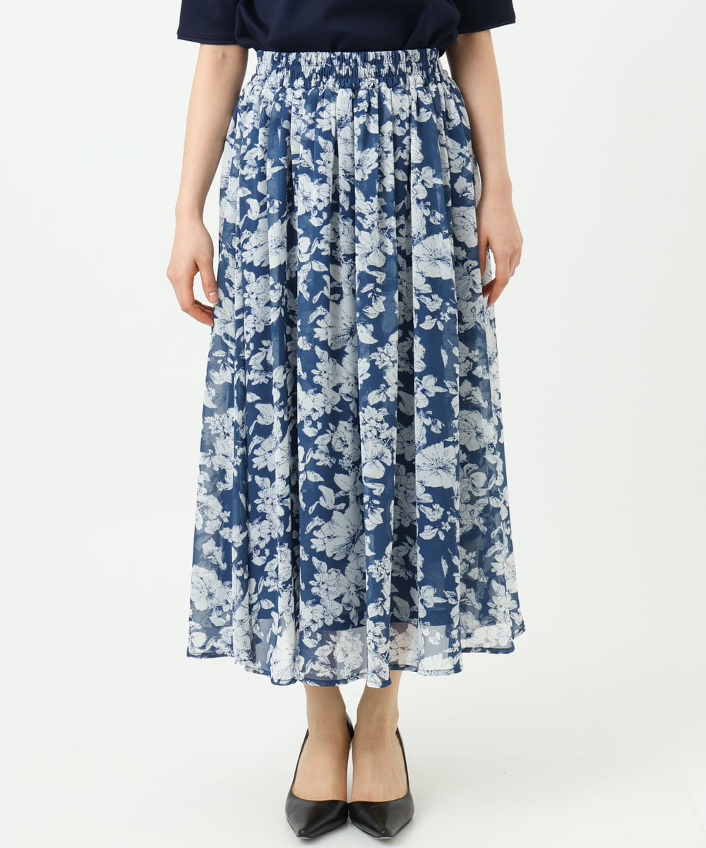 F1HGD03140 MK MICHEL KLEIN(小さいサイズ)(メゾン ドゥ サンク) 【小さいサイズ】花柄シフォンスカート/丈の長さが選べる/洗濯機で洗える/セットアップ対応 ブルー