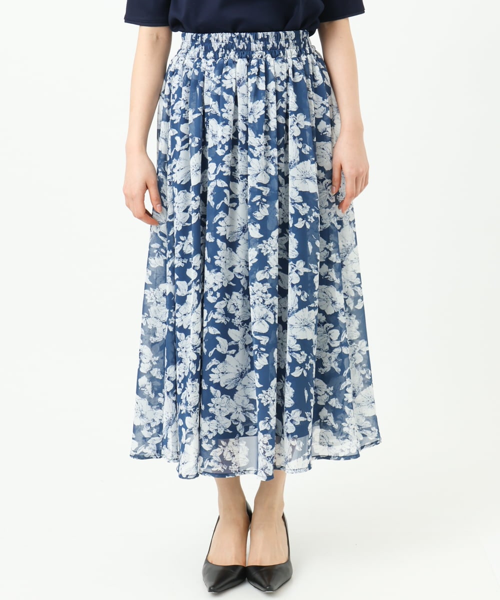 F1HGD03140 MK MICHEL KLEIN(小さいサイズ)(メゾン ドゥ サンク) 【小さいサイズ】花柄シフォンスカート/丈の長さが選べる/洗濯機で洗える/セットアップ対応 ブルー