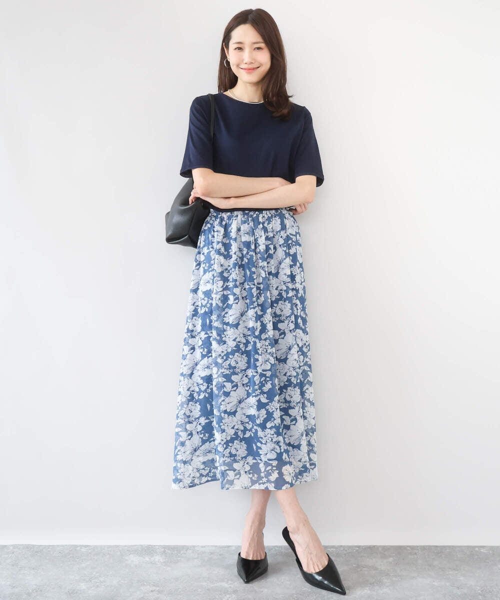 F1HGD03140 MK MICHEL KLEIN(小さいサイズ)(メゾン ドゥ サンク) 【小さいサイズ】花柄シフォンスカート/丈の長さが選べる/洗濯機で洗える/セットアップ対応 ネイビー