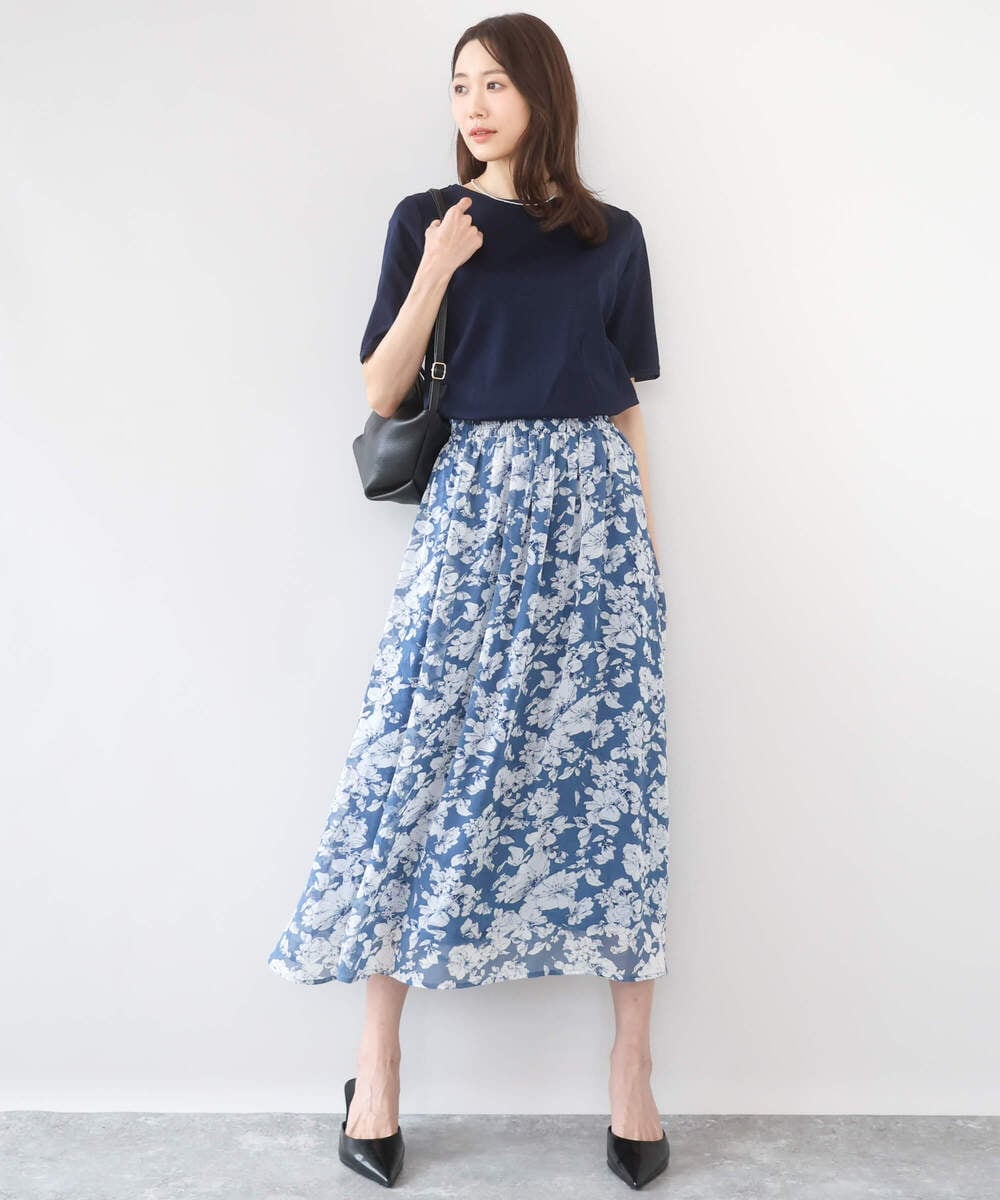 F1HGD03140 MK MICHEL KLEIN(小さいサイズ)(メゾン ドゥ サンク) 【小さいサイズ】花柄シフォンスカート/丈の長さが選べる/洗濯機で洗える/セットアップ対応 ネイビー