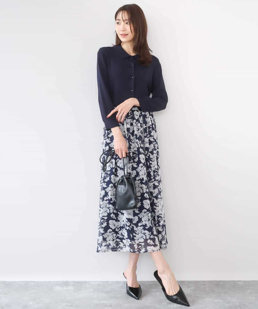 F1HGD03140 MK MICHEL KLEIN(小さいサイズ)(メゾン ドゥ サンク) 【小さいサイズ】花柄シフォンスカート/丈の長さが選べる/洗濯機で洗える/セットアップ対応 ネイビー