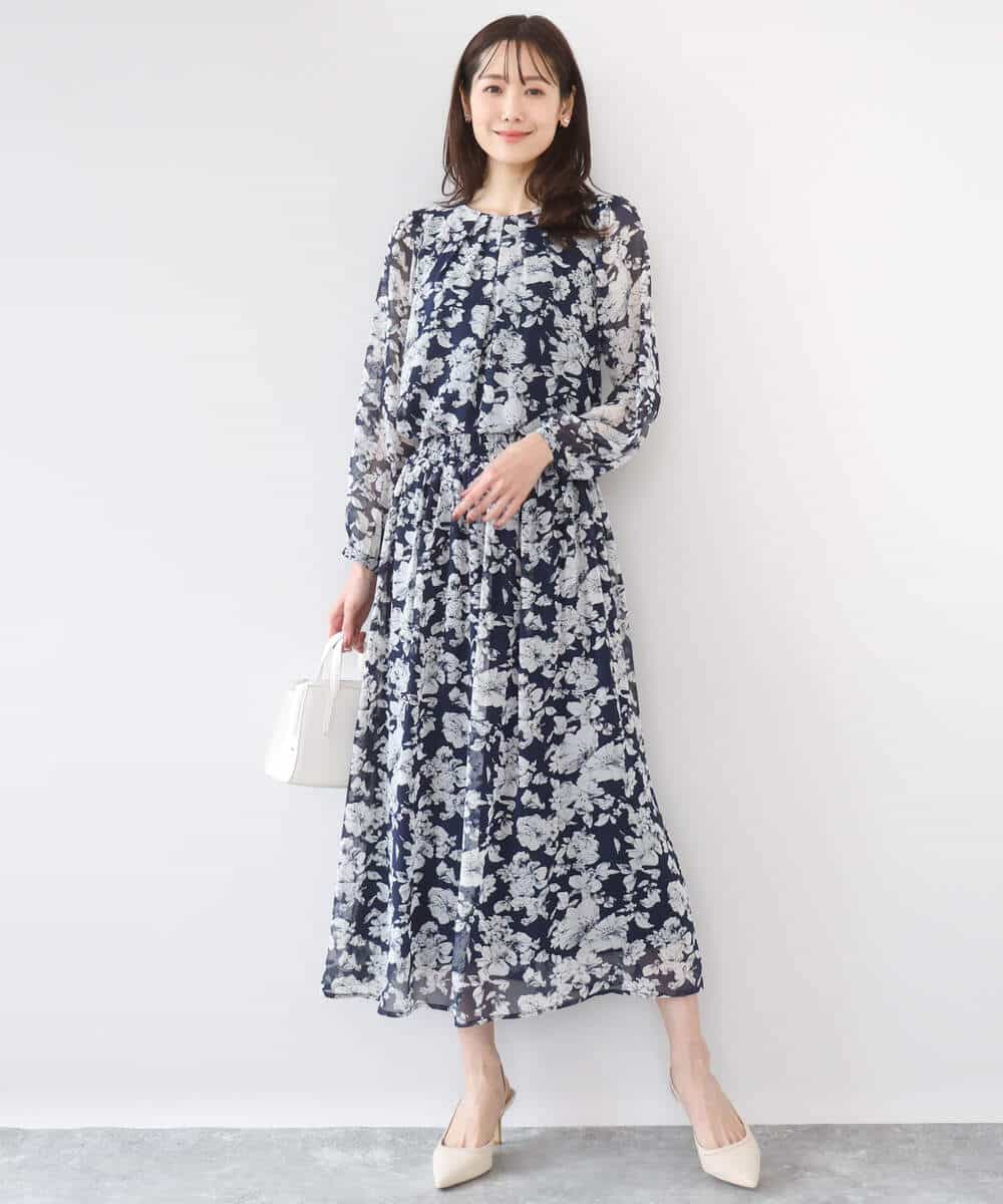 F1HGD03140 MK MICHEL KLEIN(小さいサイズ)(メゾン ドゥ サンク) 【小さいサイズ】花柄シフォンスカート/丈の長さが選べる/洗濯機で洗える/セットアップ対応 ネイビー