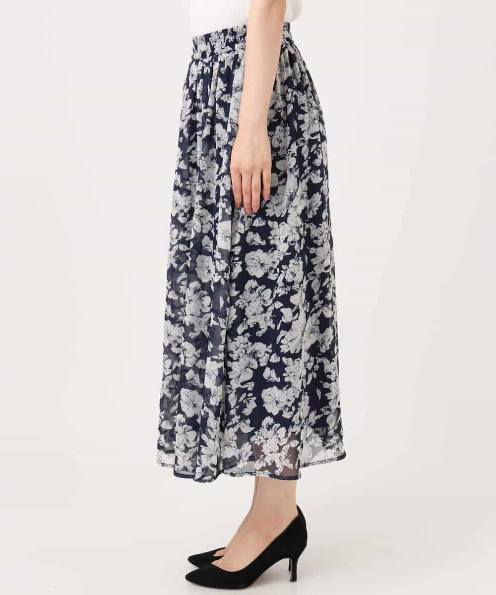 F1HGD03140 MK MICHEL KLEIN(小さいサイズ)(メゾン ドゥ サンク) 【小さいサイズ】花柄シフォンスカート/丈の長さが選べる/洗濯機で洗える/セットアップ対応 ネイビー