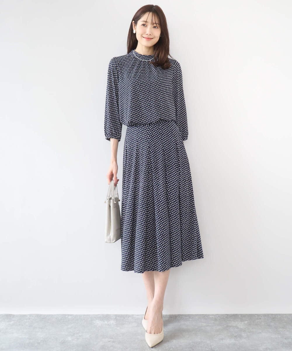 F1HGD04150 MK MICHEL KLEIN(小さいサイズ)(メゾン ドゥ サンク) 【小さいサイズ】幾何柄ジャージータックスカート/洗濯機で洗える ライトブルー