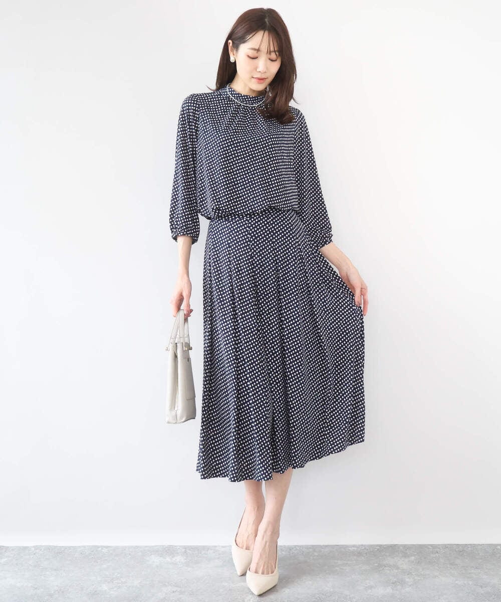 F1HGD04150 MK MICHEL KLEIN(小さいサイズ)(メゾン ドゥ サンク) 【小さいサイズ】幾何柄ジャージータックスカート/洗濯機で洗える ライトブルー