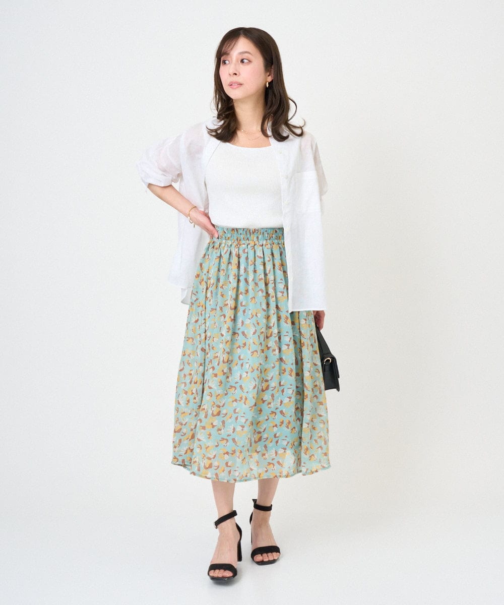 F1HGD05140 MK MICHEL KLEIN(小さいサイズ)(メゾン ドゥ サンク) 【小さいサイズ】花柄シフォンスカート/洗える/丈の長さが選べる/洗濯機で洗える/セットアップ対応 ネイビー