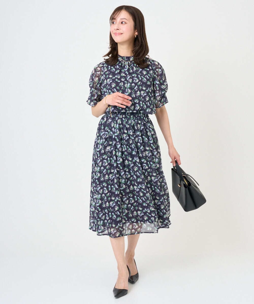 F1HGD05140 MK MICHEL KLEIN(小さいサイズ)(メゾン ドゥ サンク) 【小さいサイズ】花柄シフォンスカート/洗える/丈の長さが選べる/洗濯機で洗える/セットアップ対応 ネイビー
