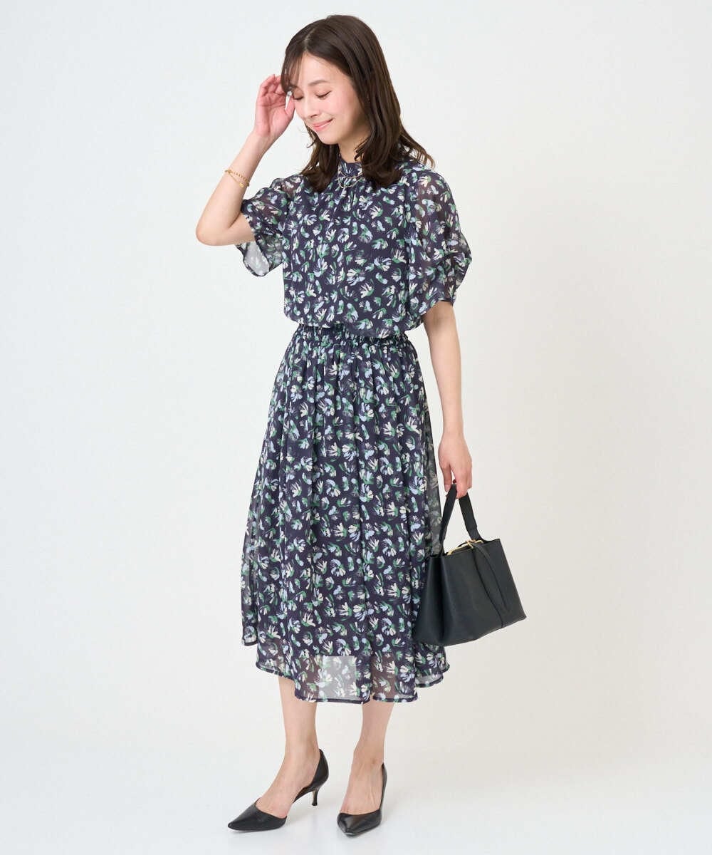 F1HGD05140 MK MICHEL KLEIN(小さいサイズ)(メゾン ドゥ サンク) 【小さいサイズ】花柄シフォンスカート/洗える/丈の長さが選べる/洗濯機で洗える/セットアップ対応 ネイビー