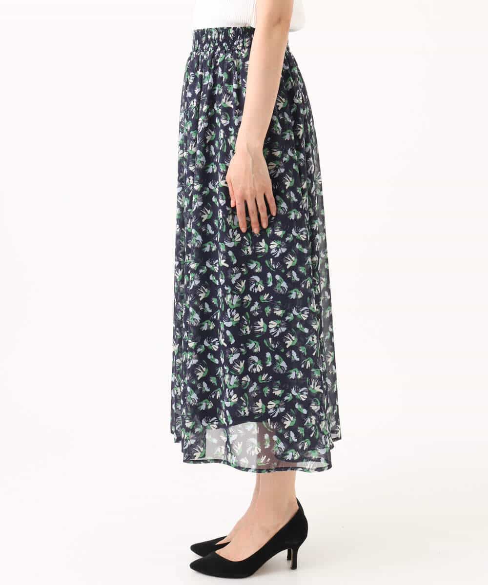 F1HGD05140 MK MICHEL KLEIN(小さいサイズ)(メゾン ドゥ サンク) 【小さいサイズ】花柄シフォンスカート/洗える/丈の長さが選べる/洗濯機で洗える/セットアップ対応 ネイビー