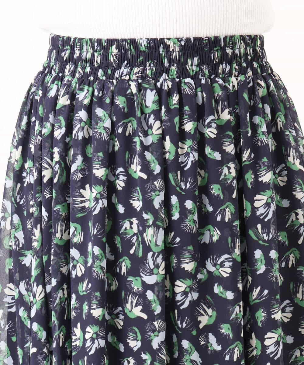 F1HGD05140 MK MICHEL KLEIN(小さいサイズ)(メゾン ドゥ サンク) 【小さいサイズ】花柄シフォンスカート/洗える/丈の長さが選べる/洗濯機で洗える/セットアップ対応 ネイビー