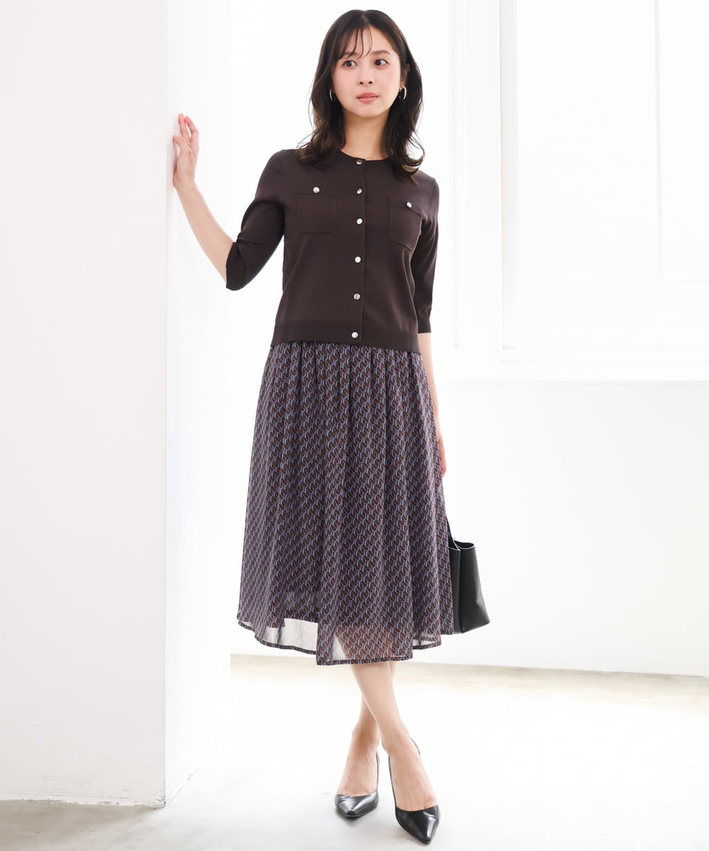 F1HGD06140 MK MICHEL KLEIN(小さいサイズ)(メゾン ドゥ サンク) 【小さいサイズ】幾何柄シフォンスカート/丈の長さが選べる/洗濯機で洗える/セットアップ対応 ブラック