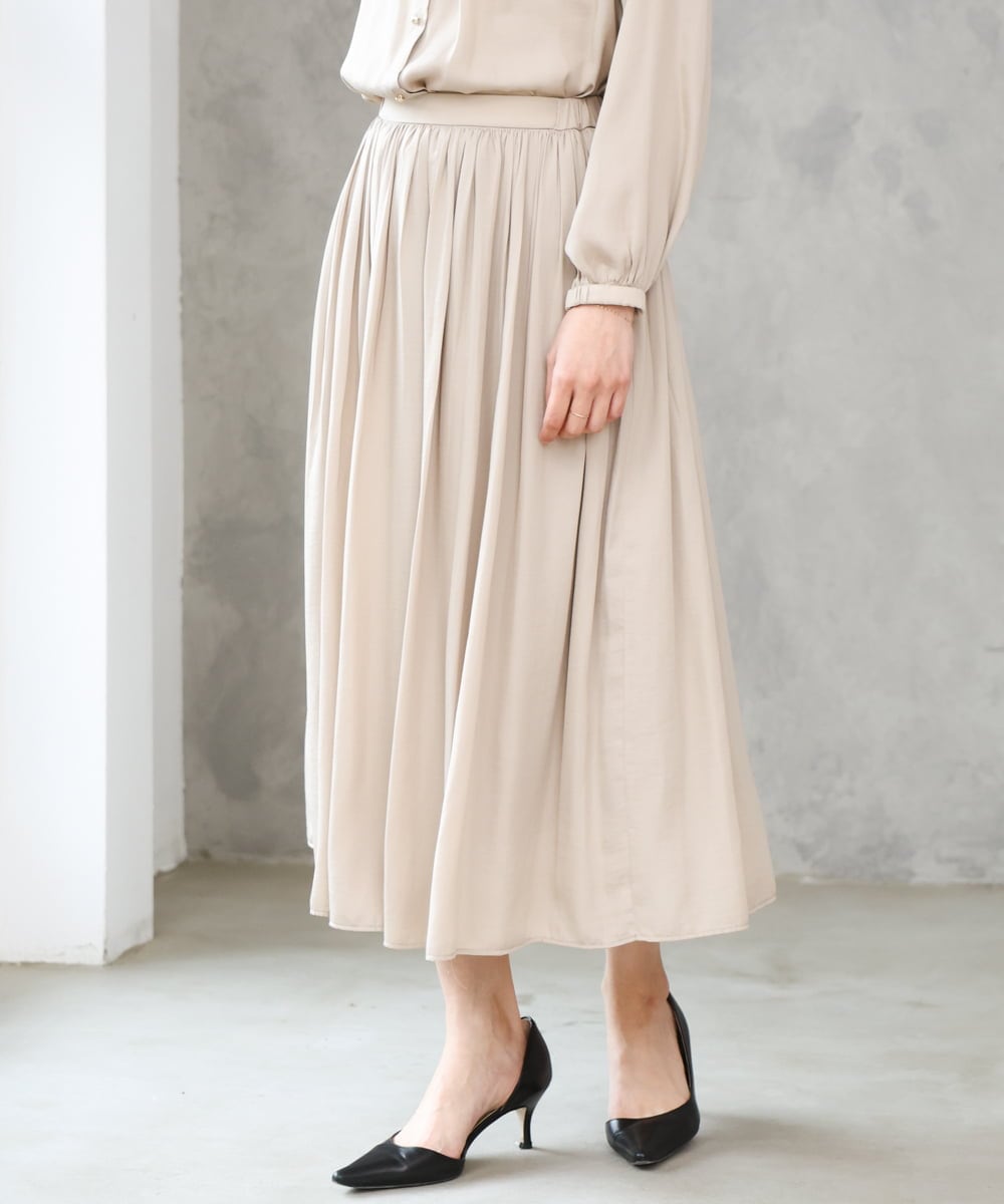 F1HGD35150 MK MICHEL KLEIN(小さいサイズ)(メゾン ドゥ サンク) 【小さいサイズ】サテンプリーツスカート/UVカット/洗える ダークグレー