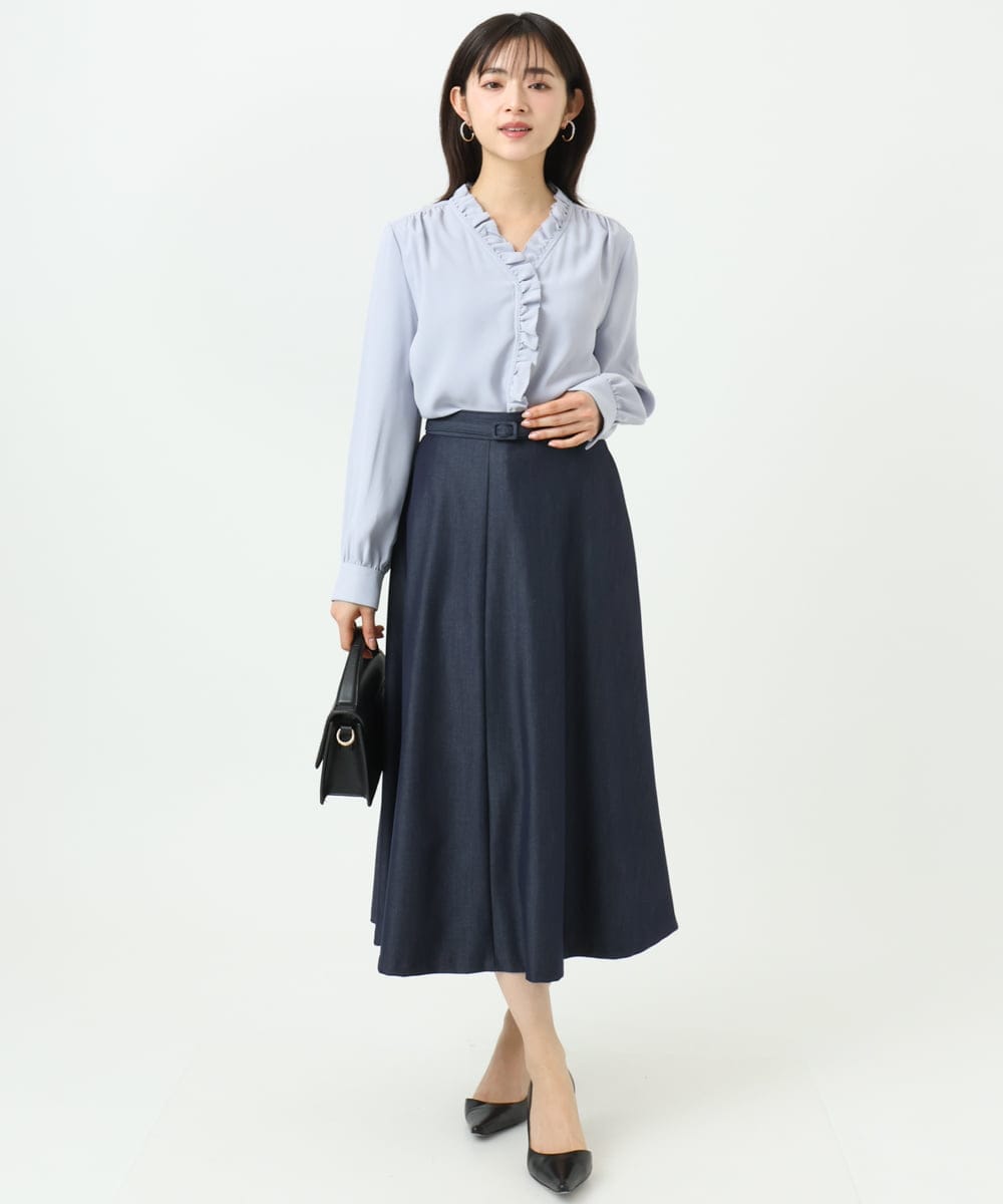 F1HGD36160 MK MICHEL KLEIN(小さいサイズ)(メゾン ドゥ サンク) 【小さいサイズ】[SANAGARAシリーズ]デニムライク フレアスカート/接触冷感/UVカット/洗濯機で洗える ネイビー