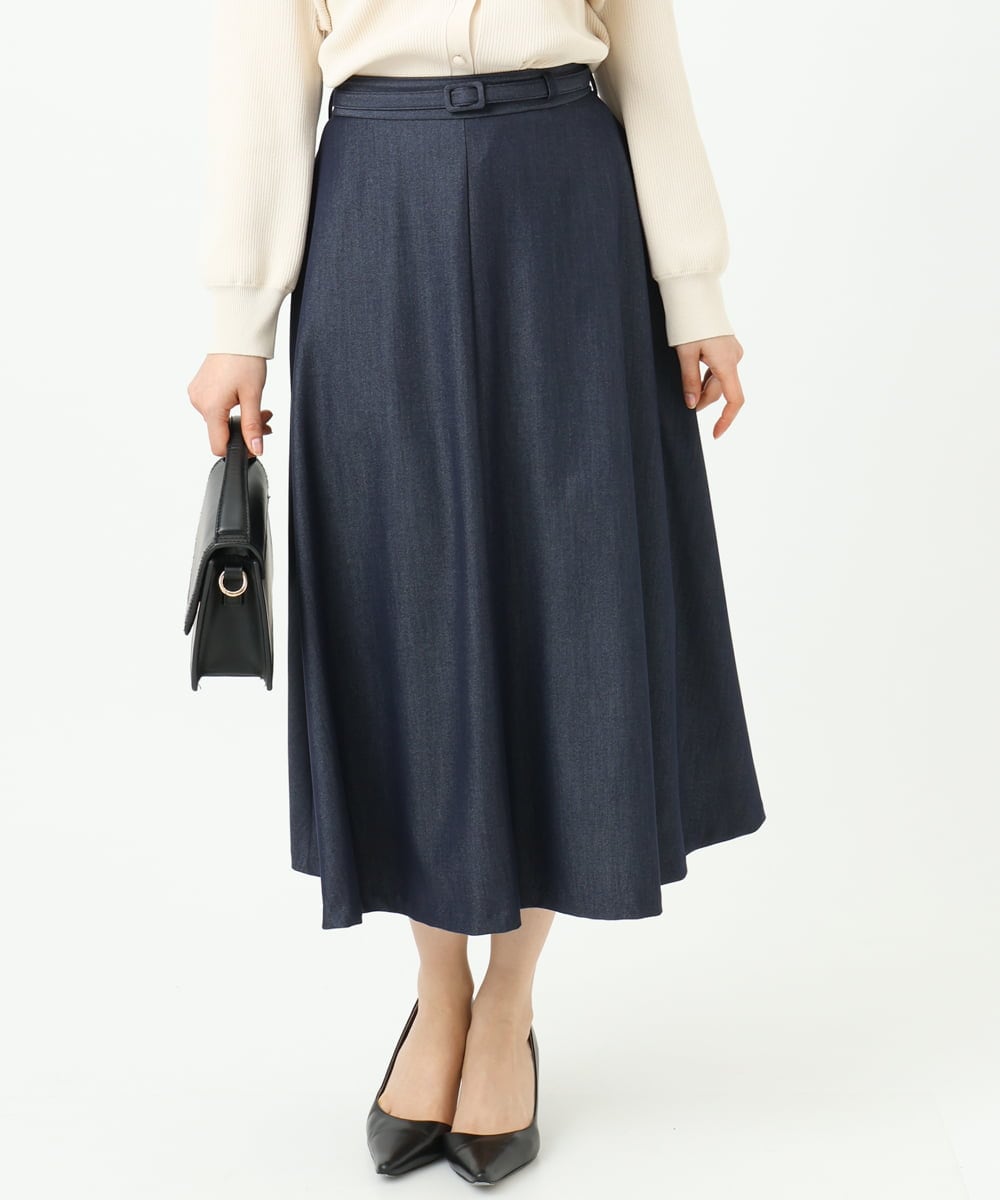 F1HGD36160 MK MICHEL KLEIN(小さいサイズ)(メゾン ドゥ サンク) 【小さいサイズ】[SANAGARAシリーズ]デニムライク フレアスカート/接触冷感/UVカット/洗濯機で洗える ネイビー