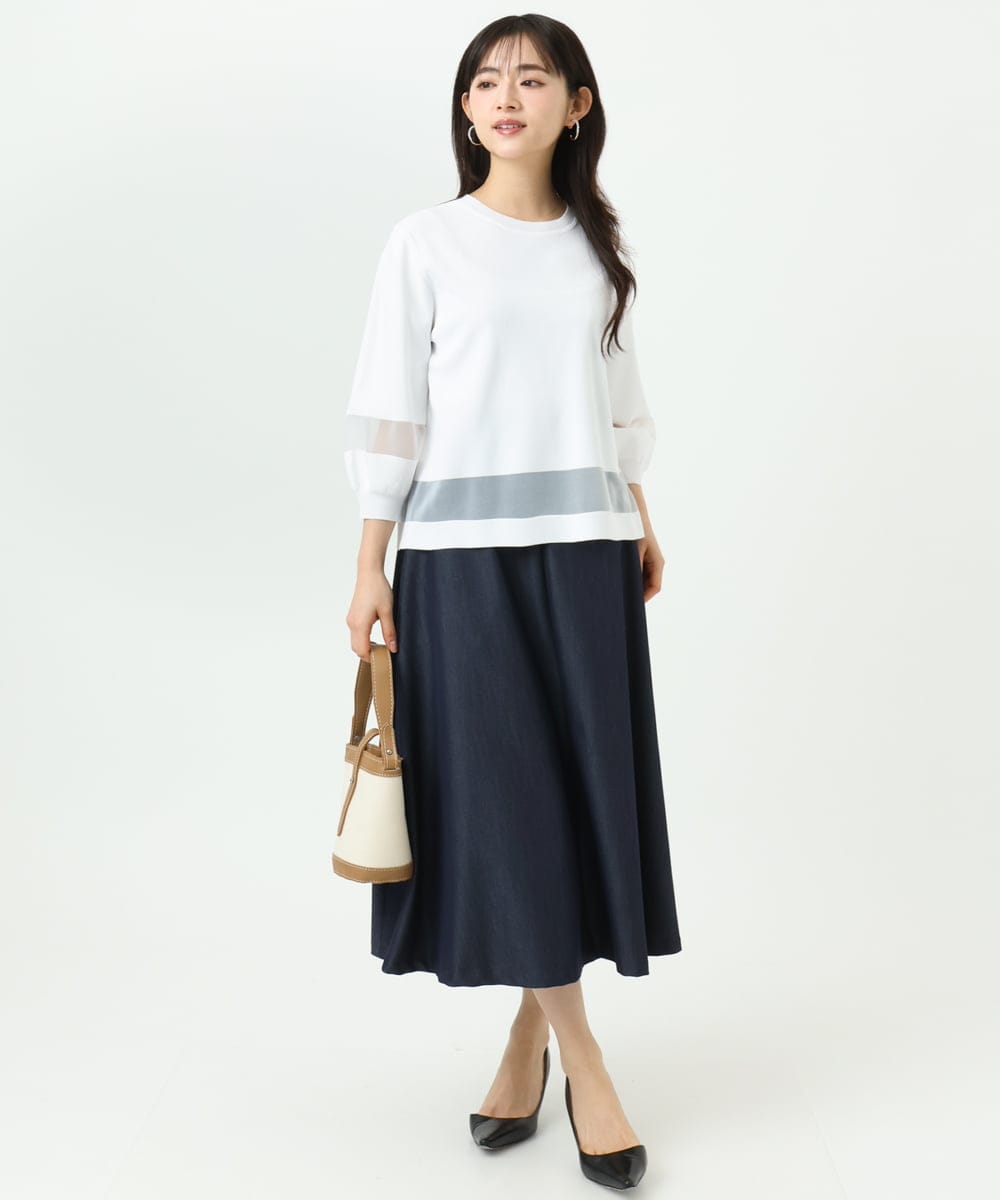 F1HGD36160 MK MICHEL KLEIN(小さいサイズ)(メゾン ドゥ サンク) 【小さいサイズ】[SANAGARAシリーズ]デニムライク フレアスカート/接触冷感/UVカット/洗濯機で洗える ネイビー