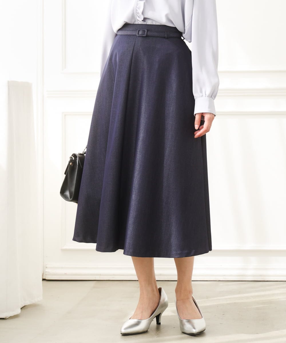 F1HGD36160 MK MICHEL KLEIN(小さいサイズ)(メゾン ドゥ サンク) 【小さいサイズ】[SANAGARAシリーズ]デニムライク フレアスカート/接触冷感/UVカット/洗濯機で洗える ネイビー