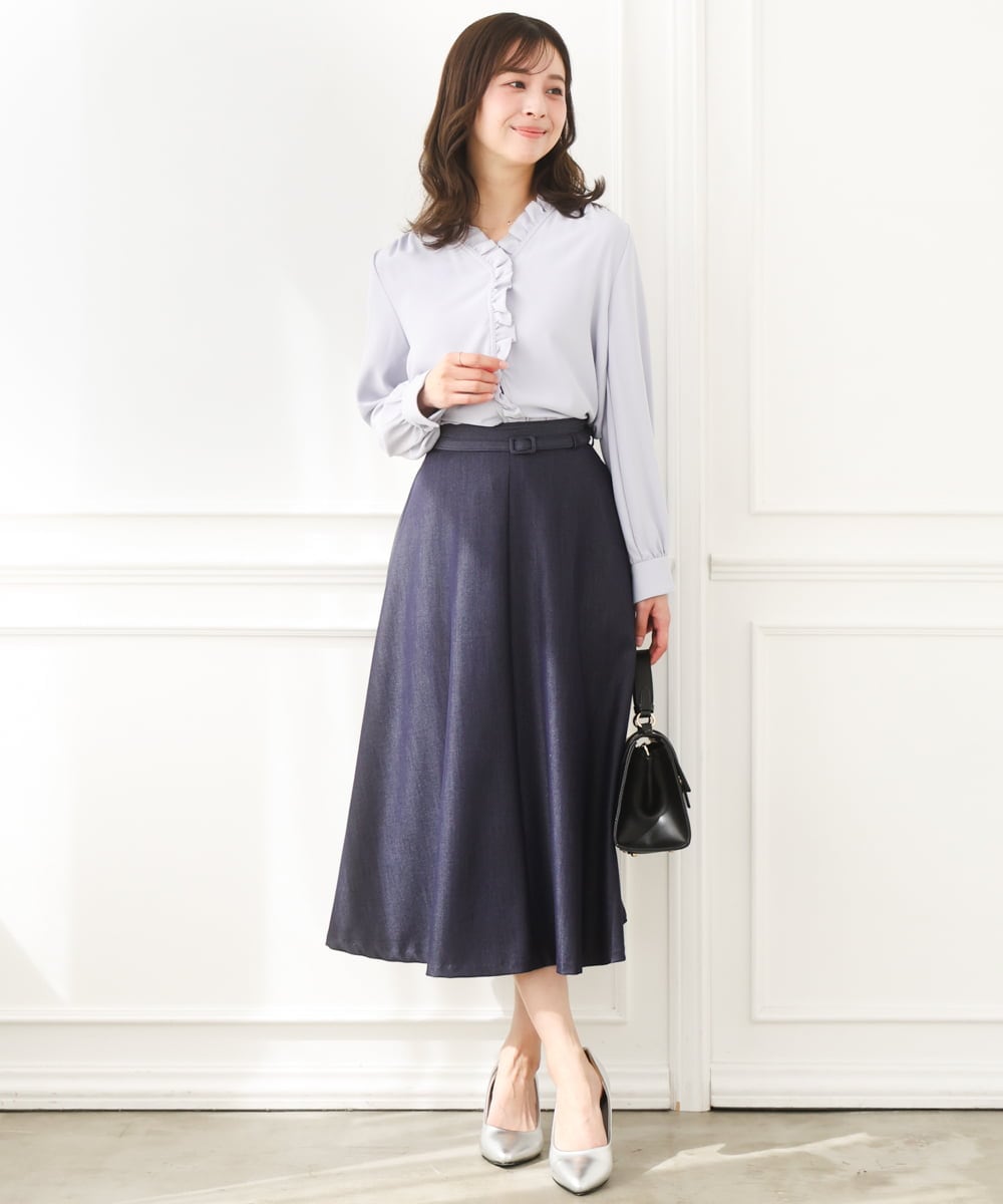 F1HGD36160 MK MICHEL KLEIN(小さいサイズ)(メゾン ドゥ サンク) 【小さいサイズ】[SANAGARAシリーズ]デニムライク フレアスカート/接触冷感/UVカット/洗濯機で洗える ネイビー