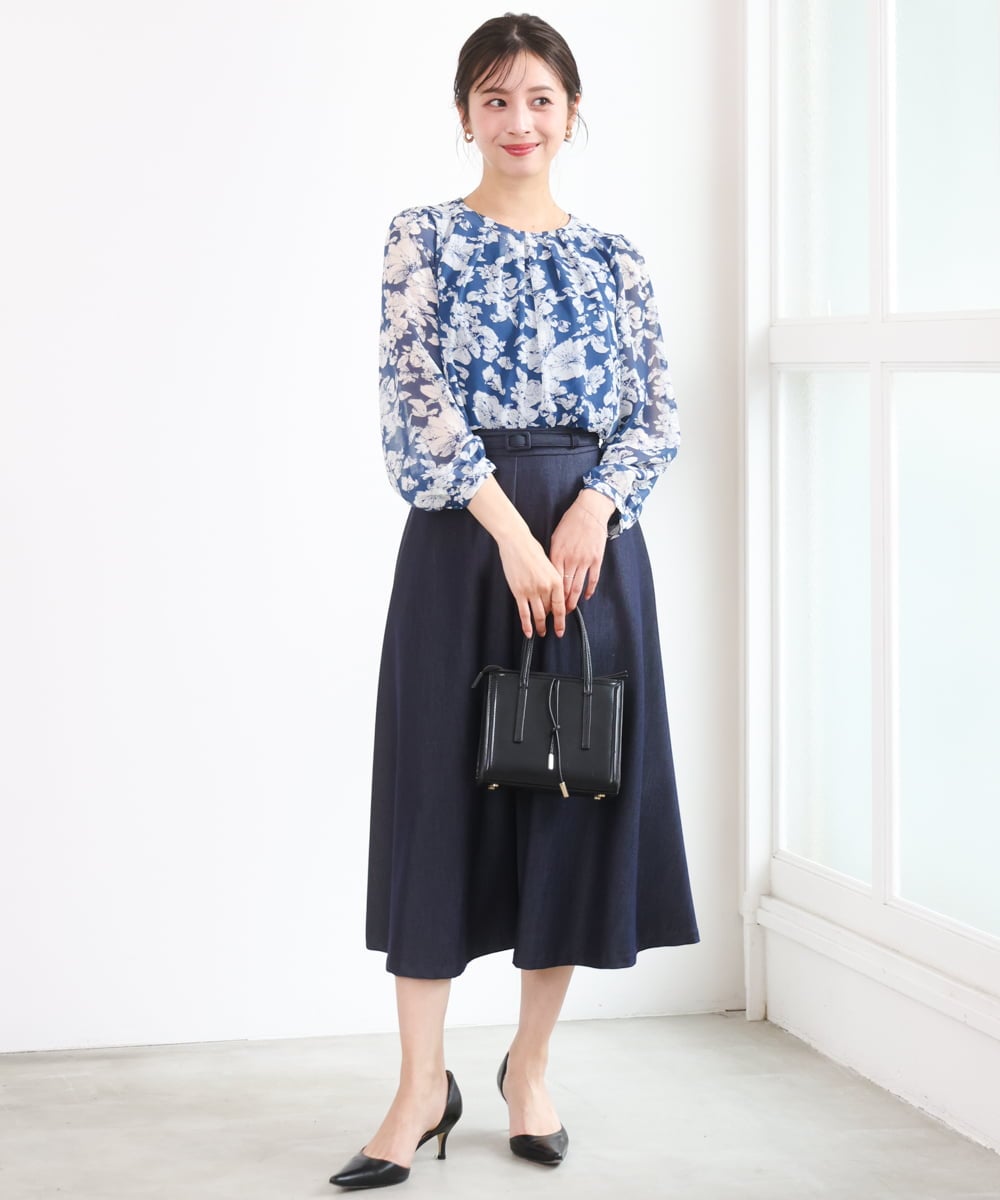 F1HGD36160 MK MICHEL KLEIN(小さいサイズ)(メゾン ドゥ サンク) 【小さいサイズ】[SANAGARAシリーズ]デニムライク フレアスカート/接触冷感/UVカット/洗濯機で洗える ネイビー