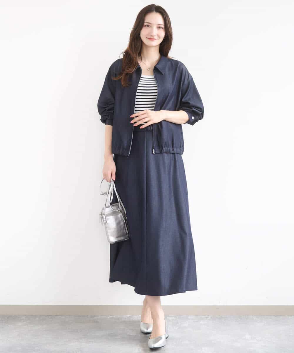 F1HGD36160 MK MICHEL KLEIN(小さいサイズ)(メゾン ドゥ サンク) 【小さいサイズ】[SANAGARAシリーズ]デニムライク フレアスカート/接触冷感/UVカット/洗濯機で洗える ネイビー