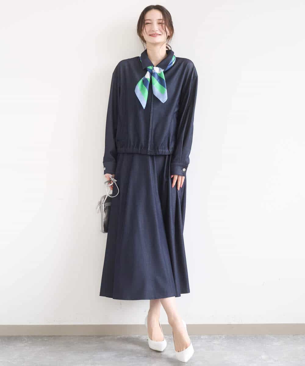 F1HGD36160 MK MICHEL KLEIN(小さいサイズ)(メゾン ドゥ サンク) 【小さいサイズ】[SANAGARAシリーズ]デニムライク フレアスカート/接触冷感/UVカット/洗濯機で洗える ネイビー