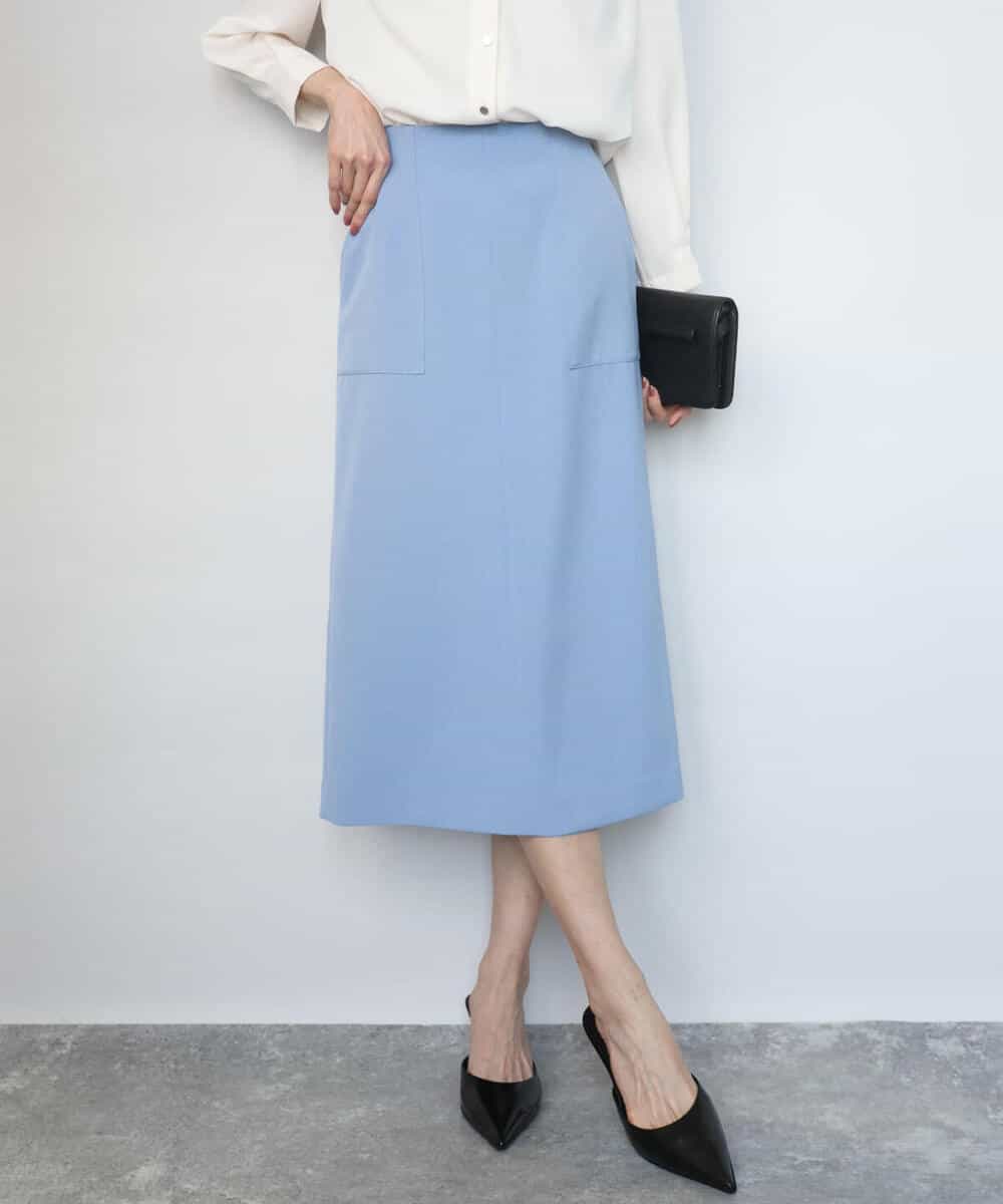F1HGD40150 MK MICHEL KLEIN(小さいサイズ)(メゾン ドゥ サンク) 【小さいサイズ】ポケットデザインストレッチタイトスカート/洗濯機で洗える ライトブルー