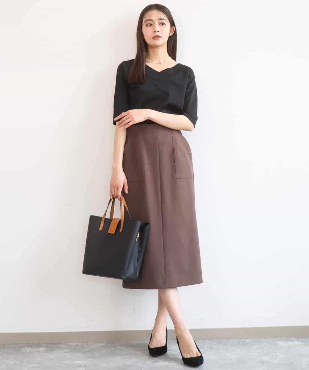 F1HGD40150 MK MICHEL KLEIN(小さいサイズ)(メゾン ドゥ サンク) 【小さいサイズ】ポケットデザインストレッチタイトスカート/洗濯機で洗える ブラウン