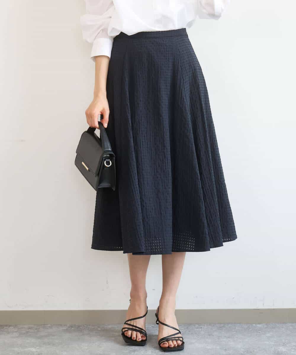 F1HGD45170 MK MICHEL KLEIN(小さいサイズ)(メゾン ドゥ サンク) 【小さいサイズ】[洗える]シアーチェック柄フレアスカート ネイビー