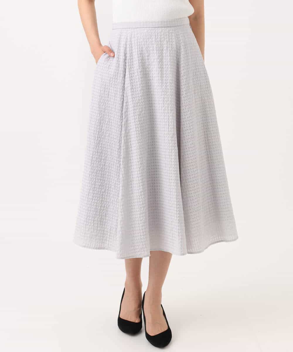 F1HGD45170 MK MICHEL KLEIN(小さいサイズ)(メゾン ドゥ サンク) 【小さいサイズ】[洗える]シアーチェック柄フレアスカート ライトグレー