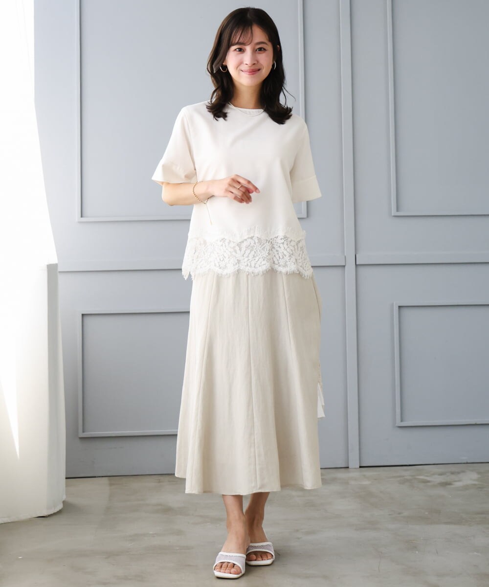 F1HGD55170 MK MICHEL KLEIN(小さいサイズ)(メゾン ドゥ サンク) 【小さいサイズ】[UVカット/洗える]リネン混フレアースカート ベージュ