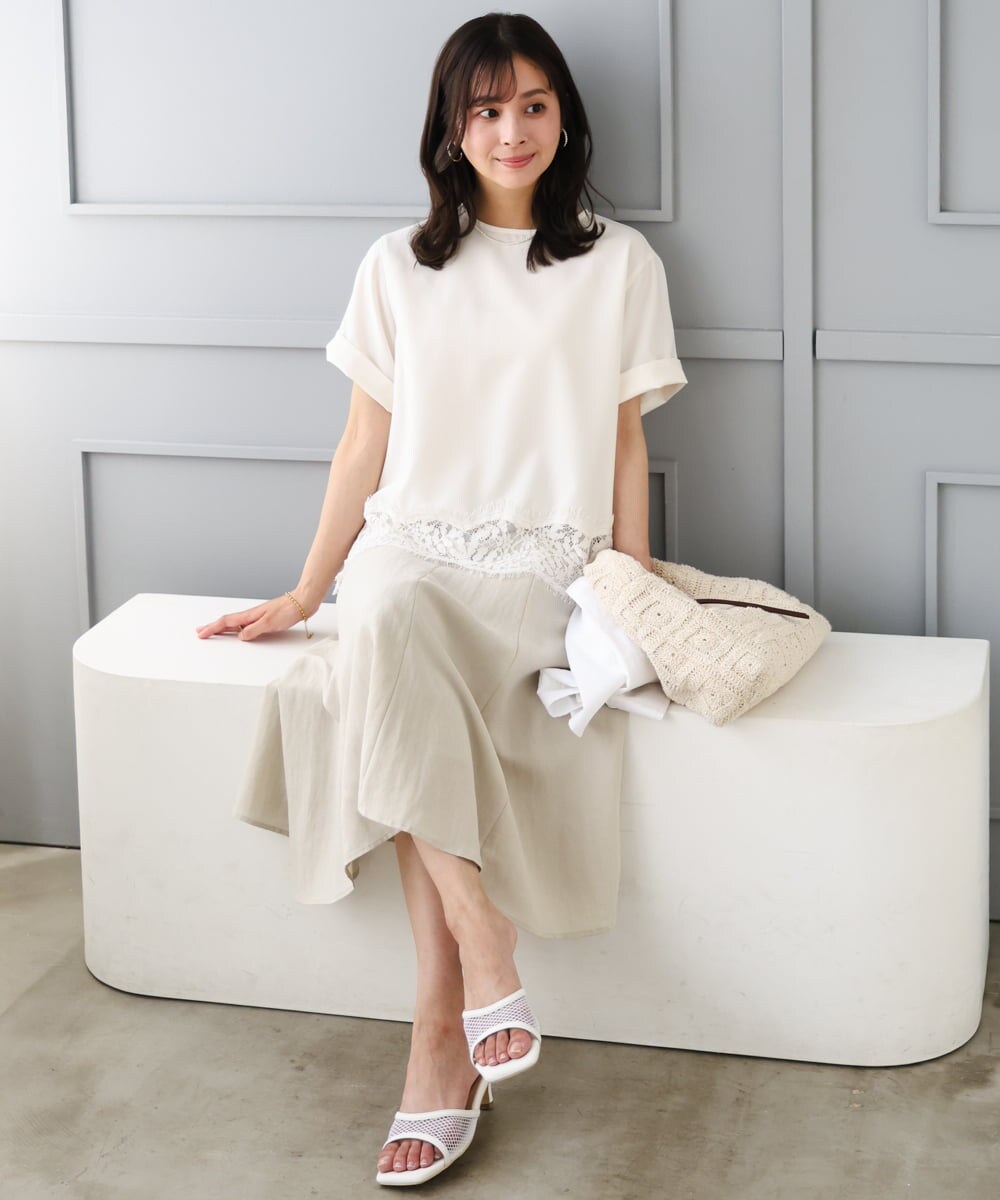 F1HGD55170 MK MICHEL KLEIN(小さいサイズ)(メゾン ドゥ サンク) 【小さいサイズ】[UVカット/洗える]リネン混フレアースカート ベージュ
