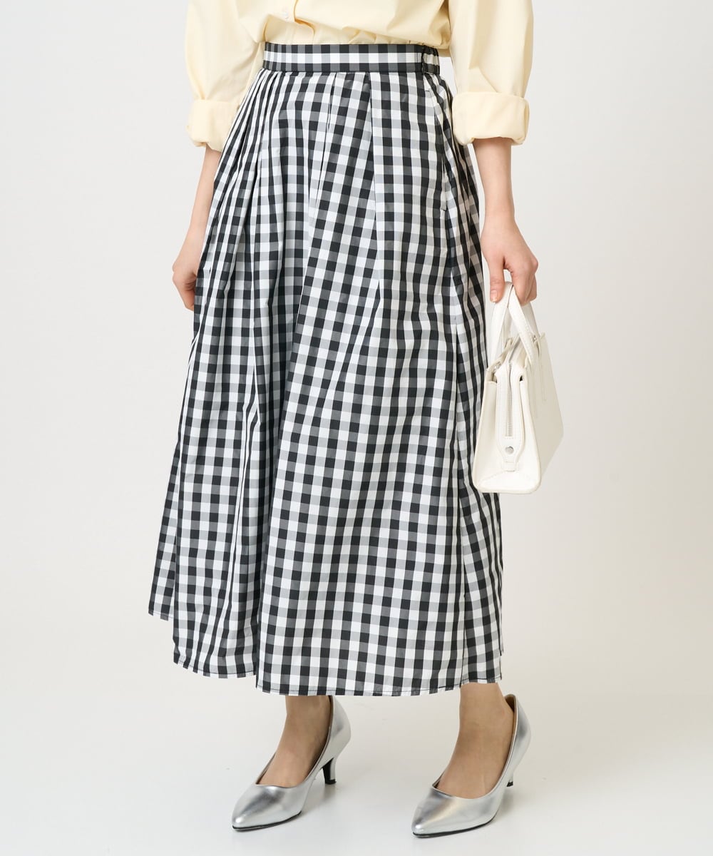 F1HGE27160 MK MICHEL KLEIN(小さいサイズ)(メゾン ドゥ サンク) 【小さいサイズ】タックフレアスカート（ギンガムチェック）/洗濯機で洗える ブラック