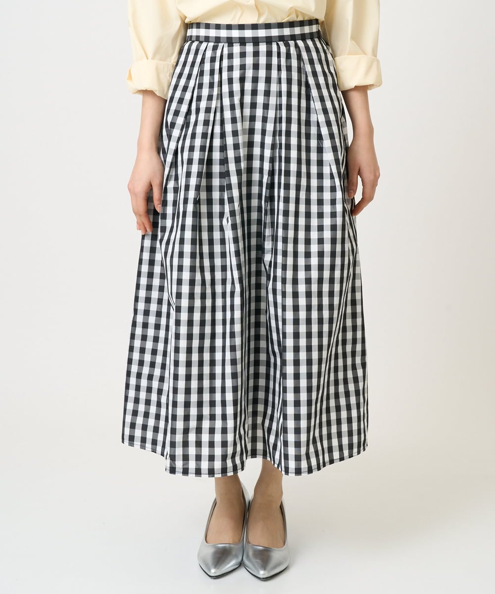 F1HGE27160 MK MICHEL KLEIN(小さいサイズ)(メゾン ドゥ サンク) 【小さいサイズ】タックフレアスカート（ギンガムチェック）/洗濯機で洗える ブラック