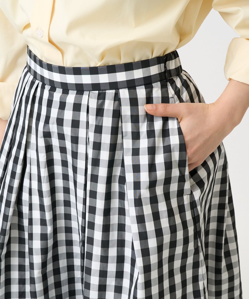 F1HGE27160 MK MICHEL KLEIN(小さいサイズ)(メゾン ドゥ サンク) 【小さいサイズ】タックフレアスカート（ギンガムチェック）/洗濯機で洗える ブラック