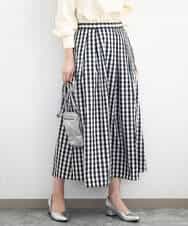 F1HGE27160 MK MICHEL KLEIN(小さいサイズ)(メゾン ドゥ サンク) 【小さいサイズ】タックフレアスカート（ギンガムチェック）/洗濯機で洗える ブラック