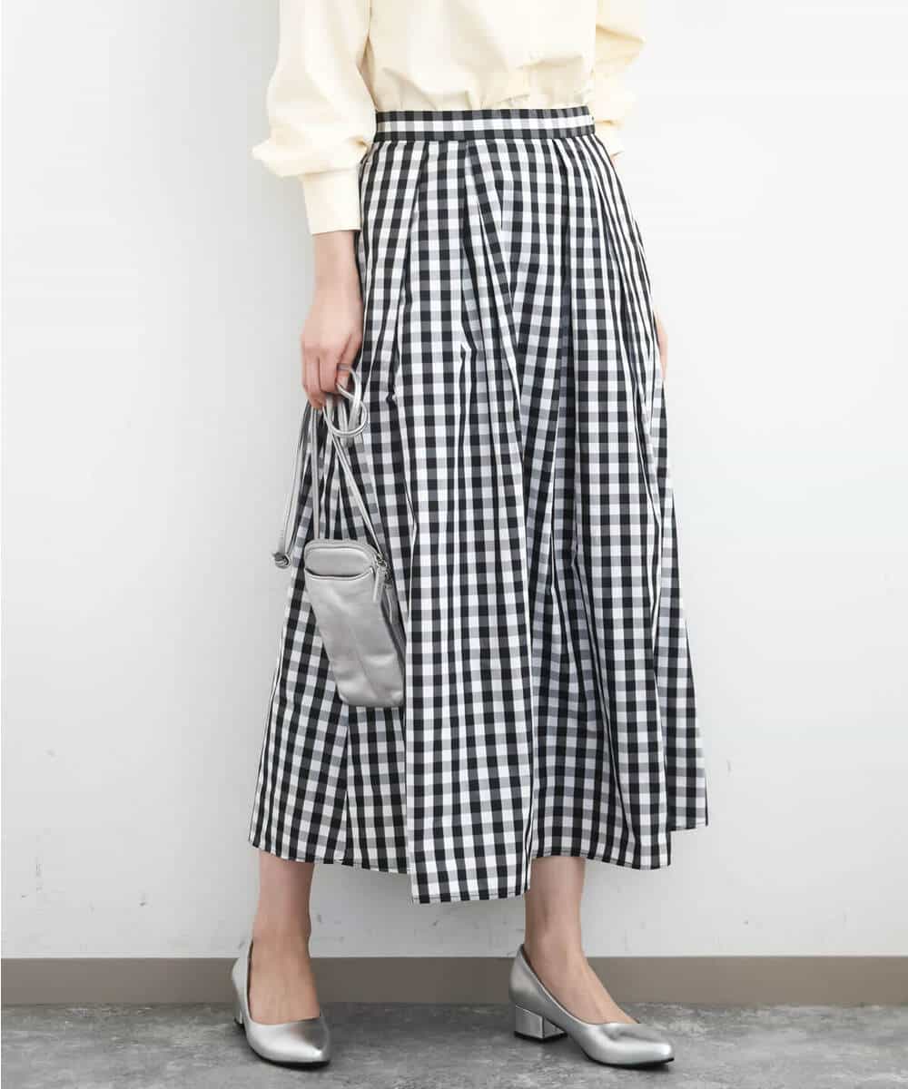 F1HGE27160 MK MICHEL KLEIN(小さいサイズ)(メゾン ドゥ サンク) 【小さいサイズ】タックフレアスカート（ギンガムチェック）/洗濯機で洗える ブラック