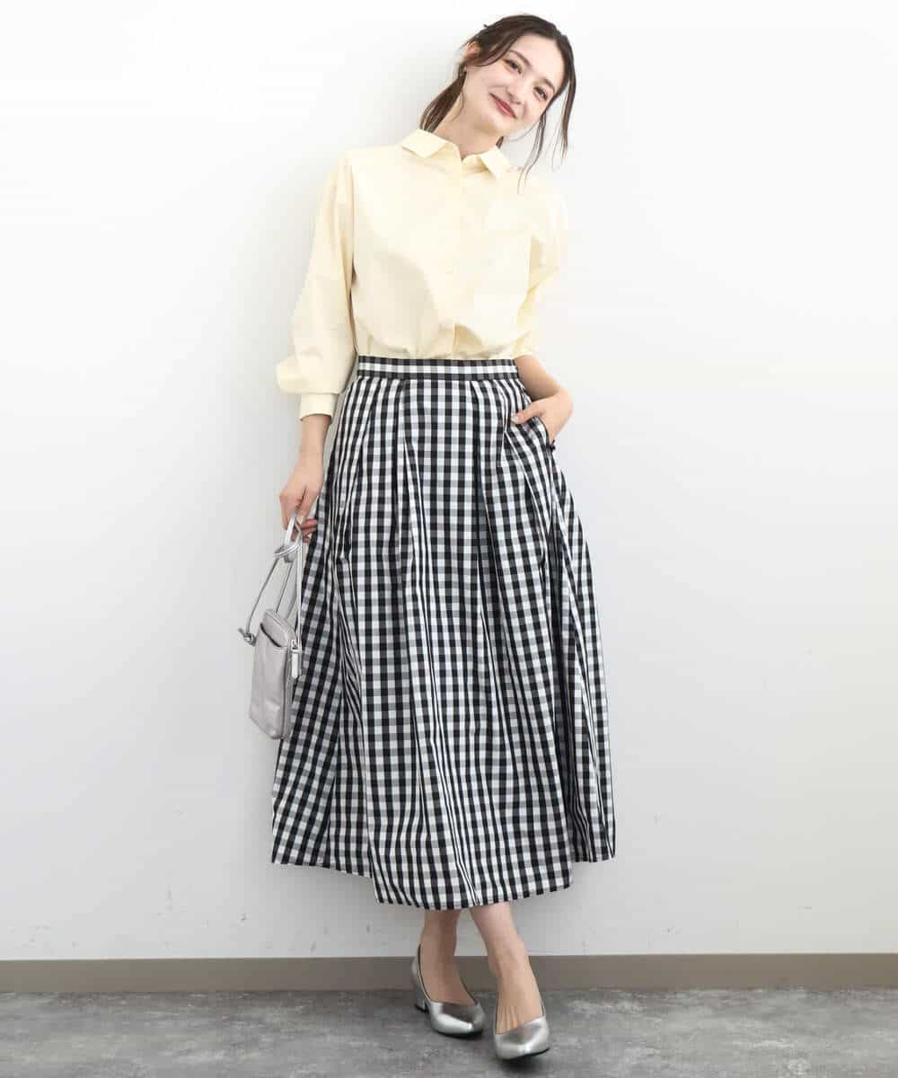 F1HGE27160 MK MICHEL KLEIN(小さいサイズ)(メゾン ドゥ サンク) 【小さいサイズ】タックフレアスカート（ギンガムチェック）/洗濯機で洗える ブラック