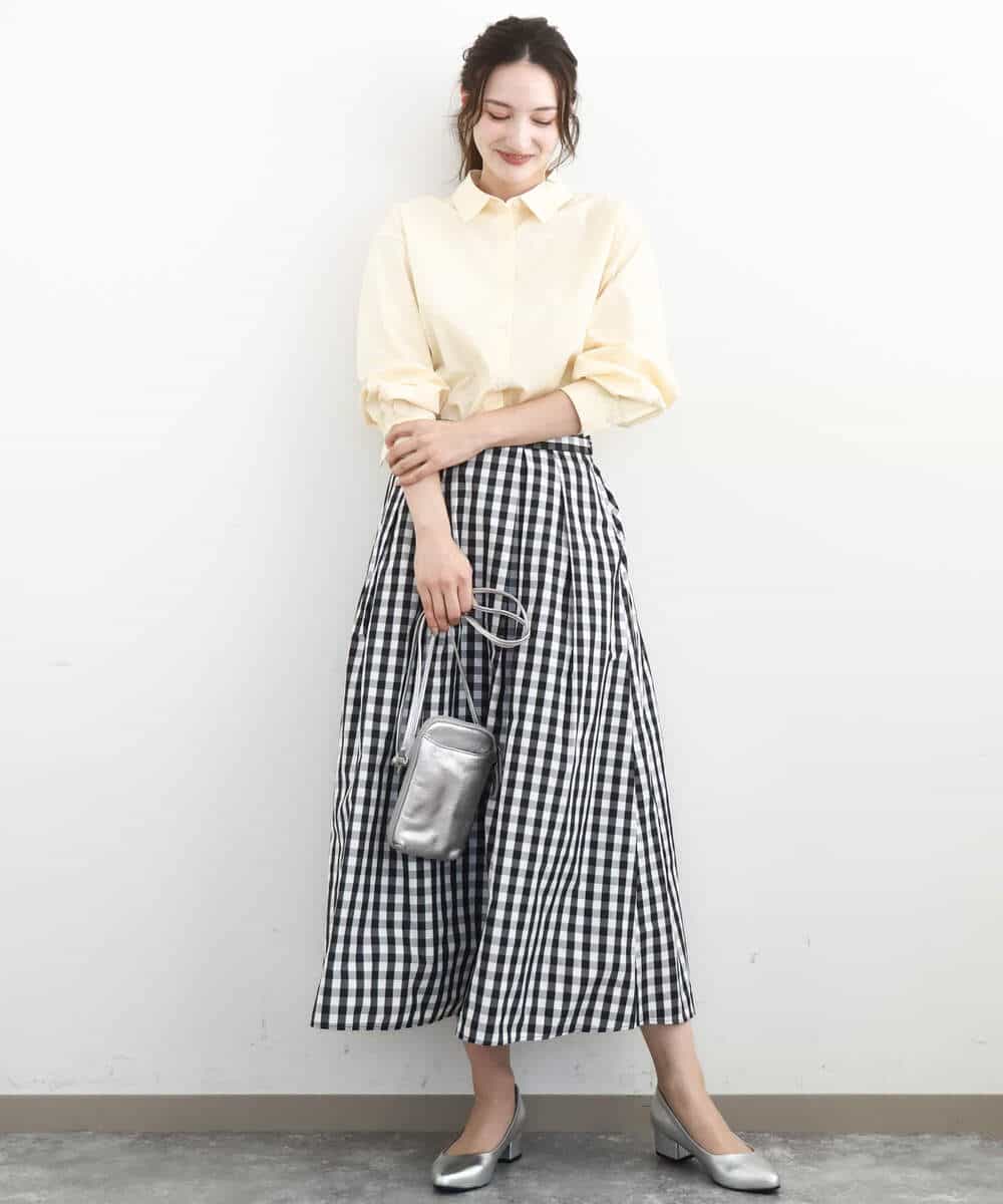 F1HGE27160 MK MICHEL KLEIN(小さいサイズ)(メゾン ドゥ サンク) 【小さいサイズ】タックフレアスカート（ギンガムチェック）/洗濯機で洗える ブラック