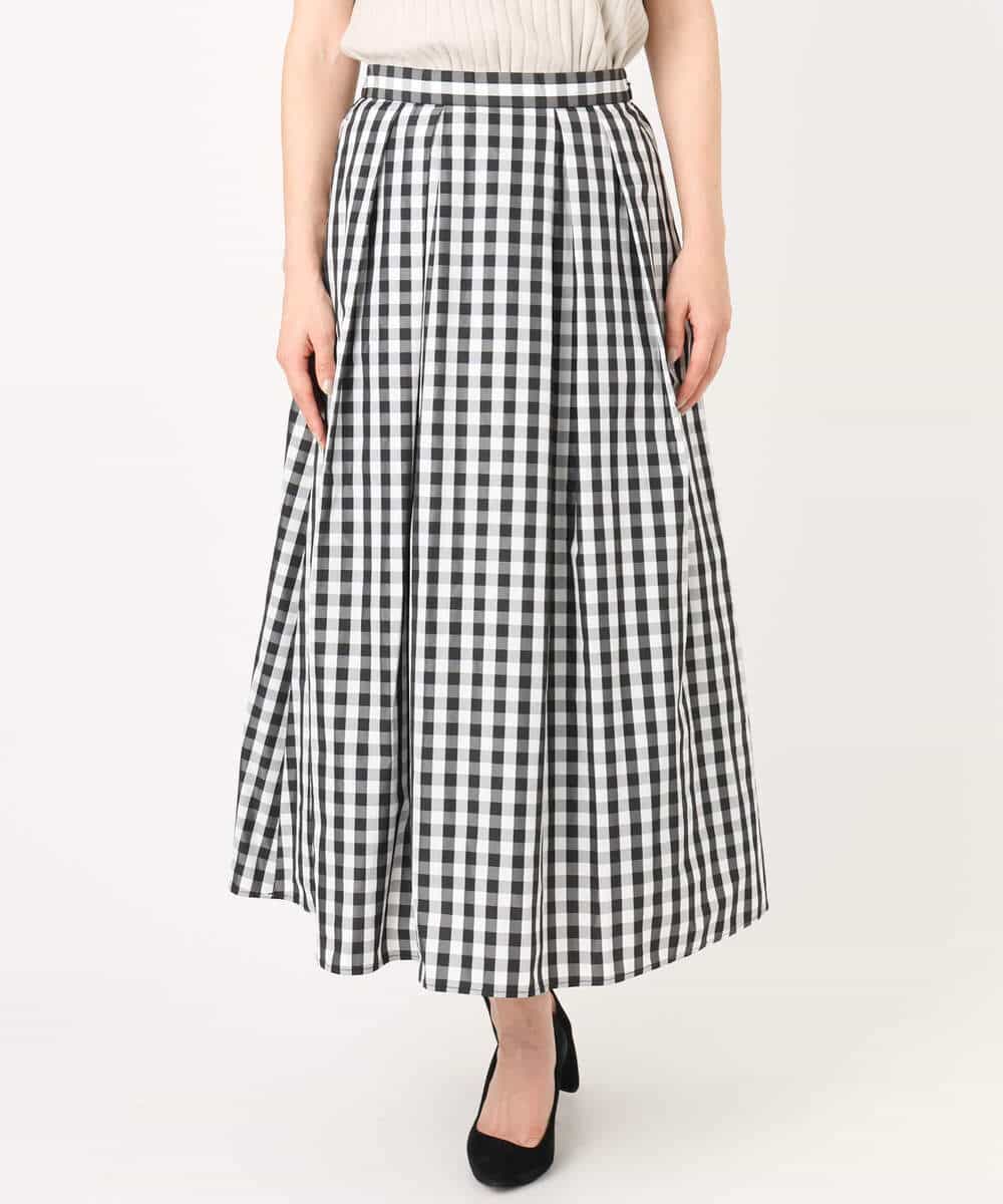 F1HGE27160 MK MICHEL KLEIN(小さいサイズ)(メゾン ドゥ サンク) 【小さいサイズ】タックフレアスカート（ギンガムチェック）/洗濯機で洗える ブラック